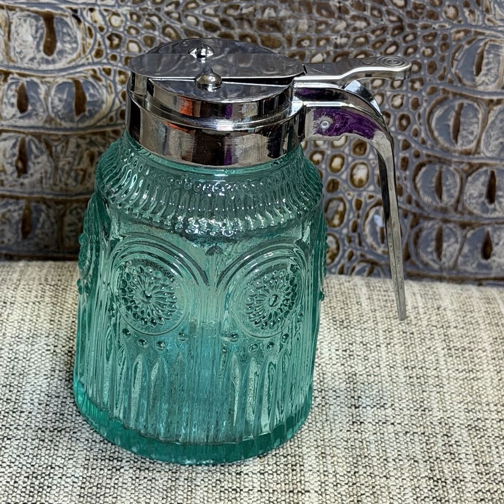 Pioneer Woman Adeline Turquoise‎ Glass Syrup Dispenser • Embossed • Farmhouse